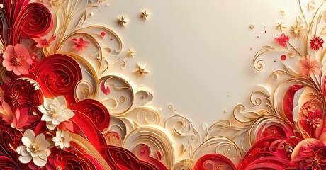 Floral design features red blooms, gold swirls. Elegant backdrop suggests luxury, celebration, romantic themes. Soft lighting enhances details.