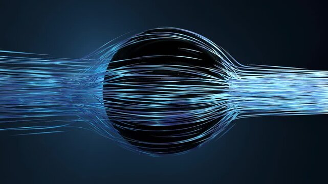 Blue fluid lines stream from one side bending smoothly around dark sphere and continuing forward in steady aerodynamic motion