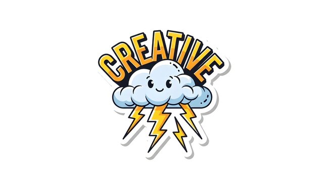 A whimsical cloud character with a smiling face and yellow lightning bolts emanating from below, representing creative ideas