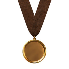Gold blank medal with brown ribbon isolated on transparent background