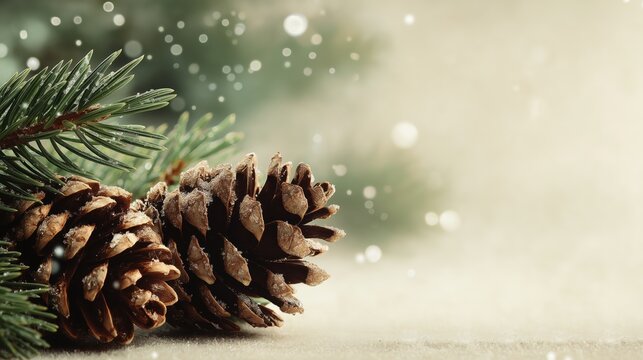 Magical winter Christmas background with frosted pine cones and fir branch with falling snow