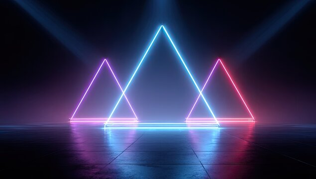 Triangular neon lights in purple, blue, and pink over reflective dark surface - Powered by Adobe