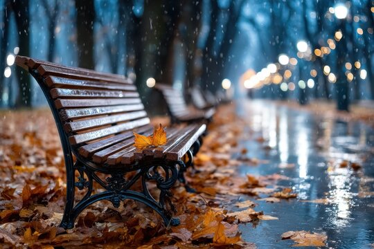 Empty park bench in autumn rain at night