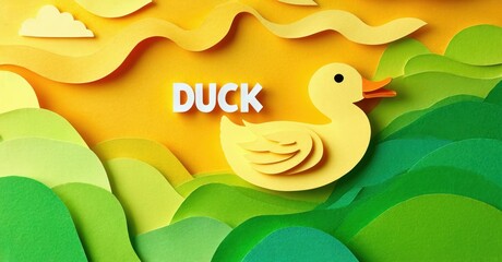 Papercraft illustration depicts yellow duck amidst green hills, sunny sky. Bright colors, playful design, simple shapes create cheerful scene.