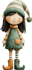 Whimsical Elf Illustration: A charming illustration features a cute elf, in a festive outfit, with a pointed hat and pointy ears, embodies the spirit of fantasy.
