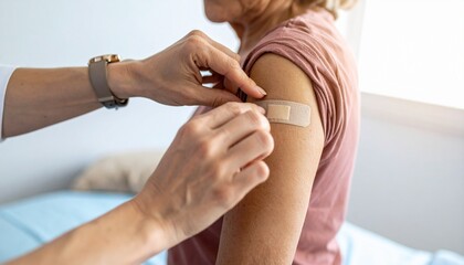 Healthcare professional applying a bandage to a senior woman's arm after a vaccination