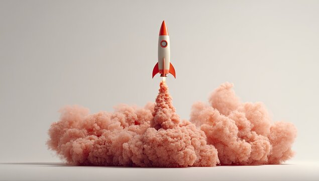 A white and red rocket ship blasting off in a peach-colored cloud against a plain background
