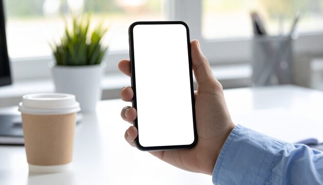 Hand holding a smartphone with a blank screen next to a coffee cup