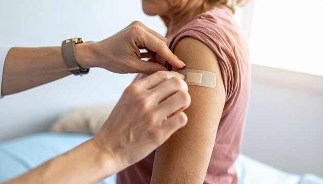 Healthcare professional applying a bandage to a senior woman's arm after a vaccination