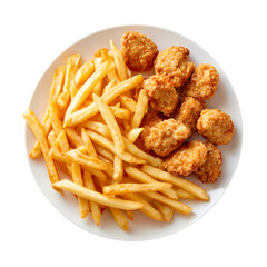 Golden french fries and chicken nuggets on white plate isolated on transparent background