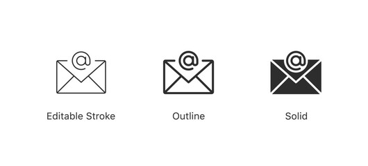 email address icon envelope with at icon @ sign symbol - mentions icon in three styles: editable stroke, outline, and solid flat style