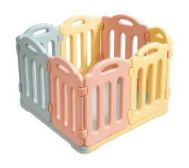 Adjustable plastic baby playpen with interlocking panels for nurseries.