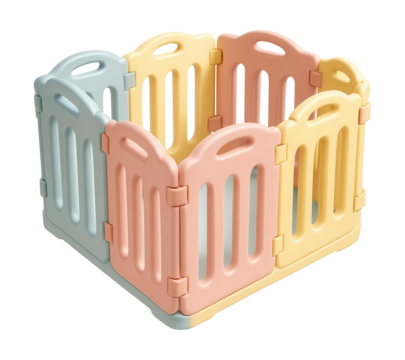 Adjustable plastic baby playpen with interlocking panels for nurseries.