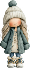 Winter Doll: A cute, warmly dressed doll is wearing a winter hat, a coat and jeans for a cool and wintery look. 
