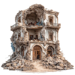 Damaged old building stands amidst rubble and debris, showing the aftermath of destruction and ruin