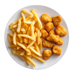 Golden french fries and chicken nuggets on white plate isolated on transparent background