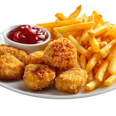 Golden french fries and chicken nuggets on white plate isolated on transparent background