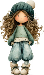 Whimsical Doll in Cozy Attire: A charming doll stands with a serene expression, dressed in a knitted beanie, soft sweater, and comfortable trousers, exuding warmth and innocence.