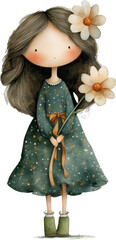 Flower Girl: A charming cartoon girl with gentle eyes and long hair, adorned with flower, holds two lovely flowers in her hand, conveying a sense of innocence, simplicity, and natural beauty. 