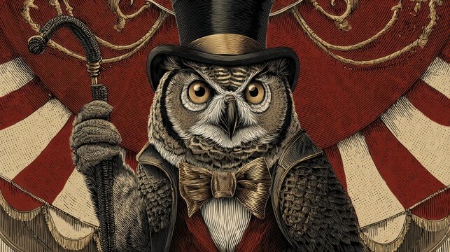 Stylish owl ringmaster in a top hat and bow tie standing before a vintage circus backdrop