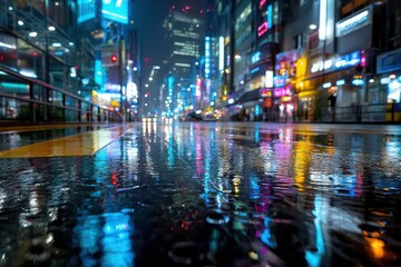 Obraz premium Rainy Night City Street with Neon Reflections