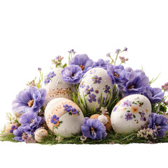 Decorated easter eggs with blue flowers nestled in green grass and surrounded by purple hyacinths and lavender