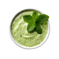 Green mint sauce white bowl top view isolated on transparent background