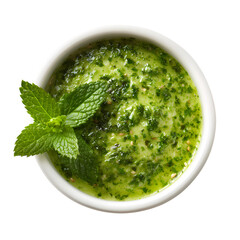 Green mint sauce white bowl top view isolated on transparent background