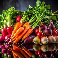 Colorful assortment of fresh vegetables including carrots, radishes, tomatoes, lettuce, celery, and eggplants on dark reflective surface