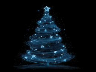 Luminous abstract Christmas tree made of swirling blue light, glowing particles and star on top — digital festive design, post cards, seasonal marketing, greeting card, holiday design, editorial use.