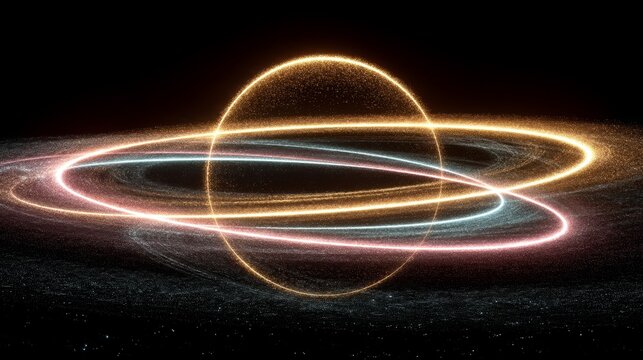Celestial orbital light trails forming glowing rings in deep space with soft gold, powder blue, and dusty pink streaks, ethereal abstract geometry and luminous cosmic patterns.