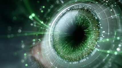 An eye with digital circuits and data elements showcasing high-tech and modern scientific technology.