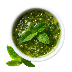 Green mint sauce white bowl top view isolated on transparent background