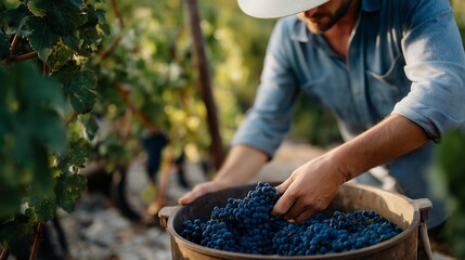 Hands picking fruit, their skin weathered, gather grapes from a vineyard near a suburban edge, the vines twisted and woody. A plastic bucket, its handle chipped, brims with clusters, and a canvas