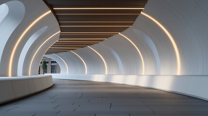 Fototapeta premium White transportation tunnel mockup with curved walls and subtle light reflections, representing modern highway engineering, future metro systems, and minimalist architectural visualization for