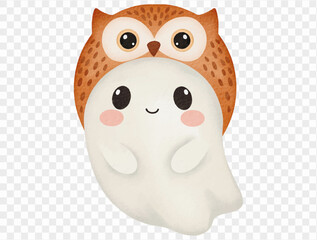 Cute ghost with owl hat, watercolor Halloween design Vector.