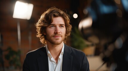 Media interview with a political expert speaking to a journalist under studio lights, emotion of authority and confidence visible, symbolizing public relations, media engagement, and professional
