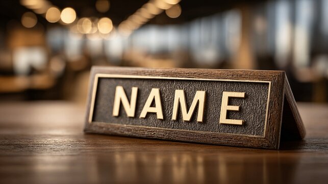 Classic wooden nameplate on a polished desk creates a professional and inviting atmosphere, perfect for corporate branding and personalized office decor ideas