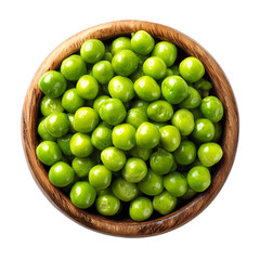 Green peas on wooden bowl top view isolated on transparent background