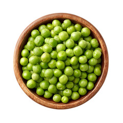 Green peas on wooden bowl top view isolated on transparent background