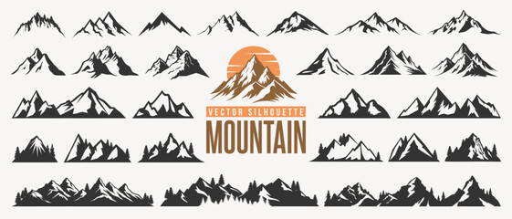 Collection of mountain silhouette, nature background or landscape symbol, hiking hill peak icon and summer or winter forest camping logo. Mountain line art idea with christmas tree for travel business
