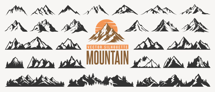 Collection of mountain silhouette, nature background or landscape symbol, hiking hill peak icon and summer or winter forest camping logo. Mountain line art idea with christmas tree for travel business