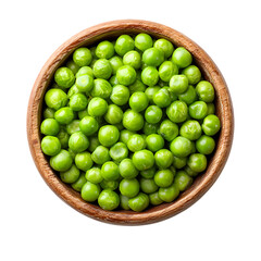 Green peas on wooden bowl top view isolated on transparent background