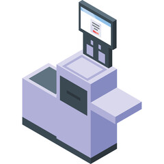 Isometric illustration of a light purple retail checkout counter with a digital display screen showing text and a small red button on a transparent background
