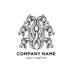 A black and white logo featuring a mythical nine-headed Hydra serpent, drawn in a detailed, classic style.