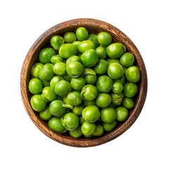 Green peas on wooden bowl top view isolated on transparent background
