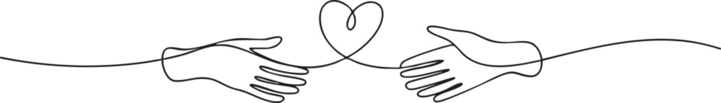 Continuous one line drawing of two hands reaching to form a heart shape, minimalist love and connection concept on white background