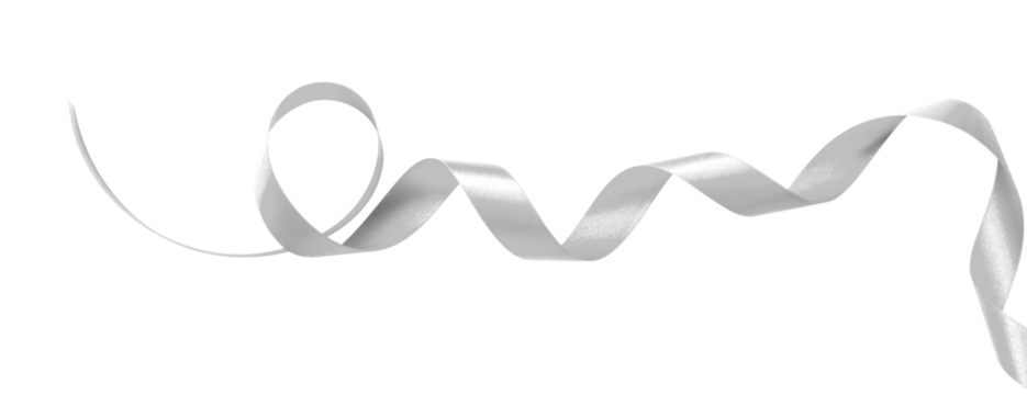 Silver ribbon white satin curly scroll png bow set isolated on transparent background for Christmas, brithday and wedding card confetti design decoration