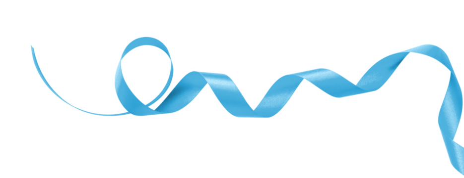 Light blue satin ribbon png isolated on transparent background, bow color curly scroll for holiday, birthday, wedding card confetti design decoration - Powered by Adobe