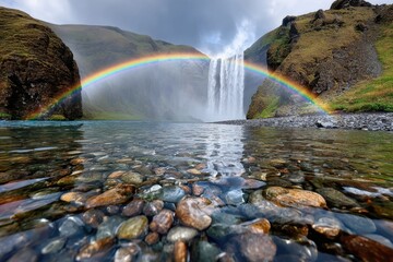 Rainbow Waterfall Over Rocks and Crystal Clear Water